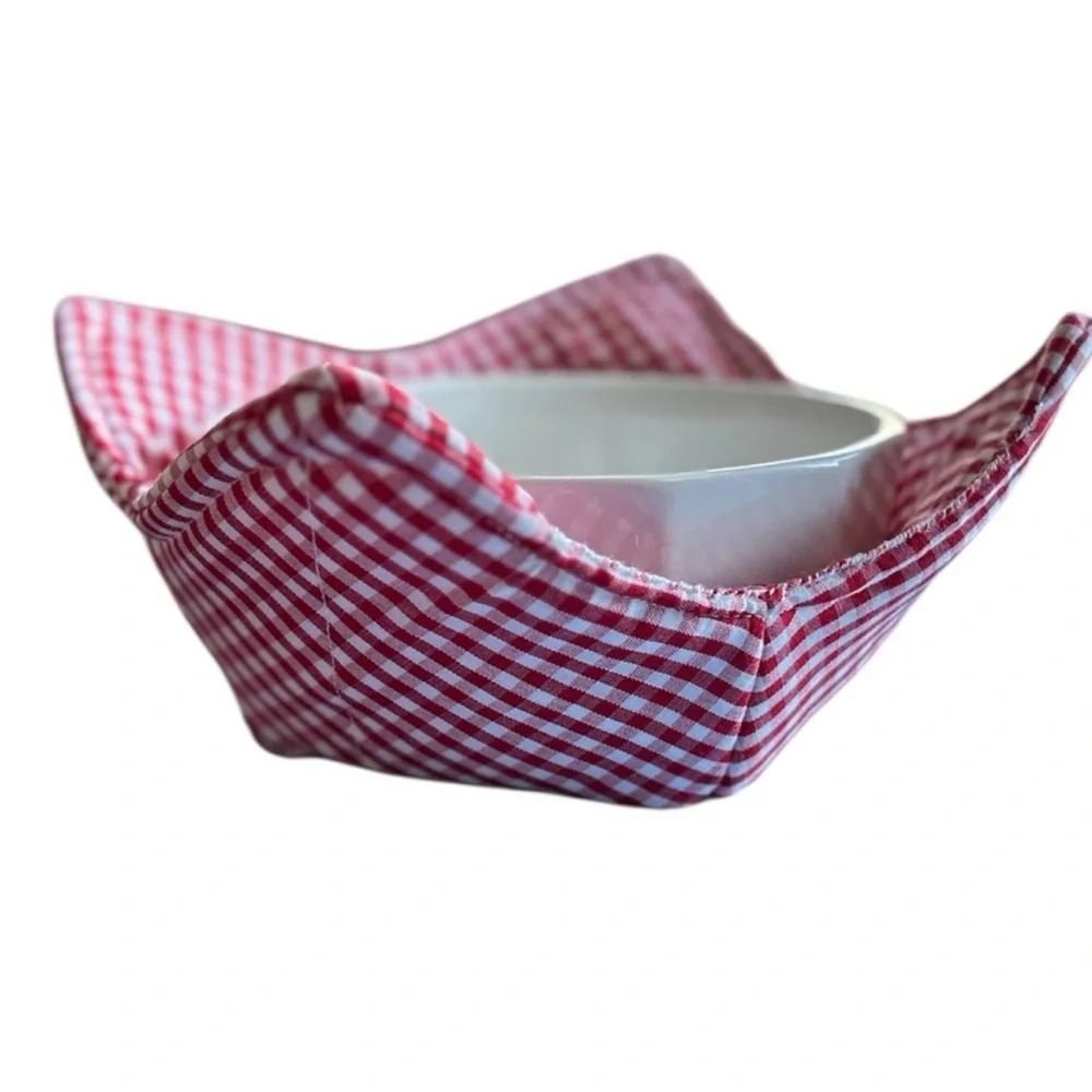 Hand Crafted Red Gingham Microwave Bowl Cozy 100% Cotton